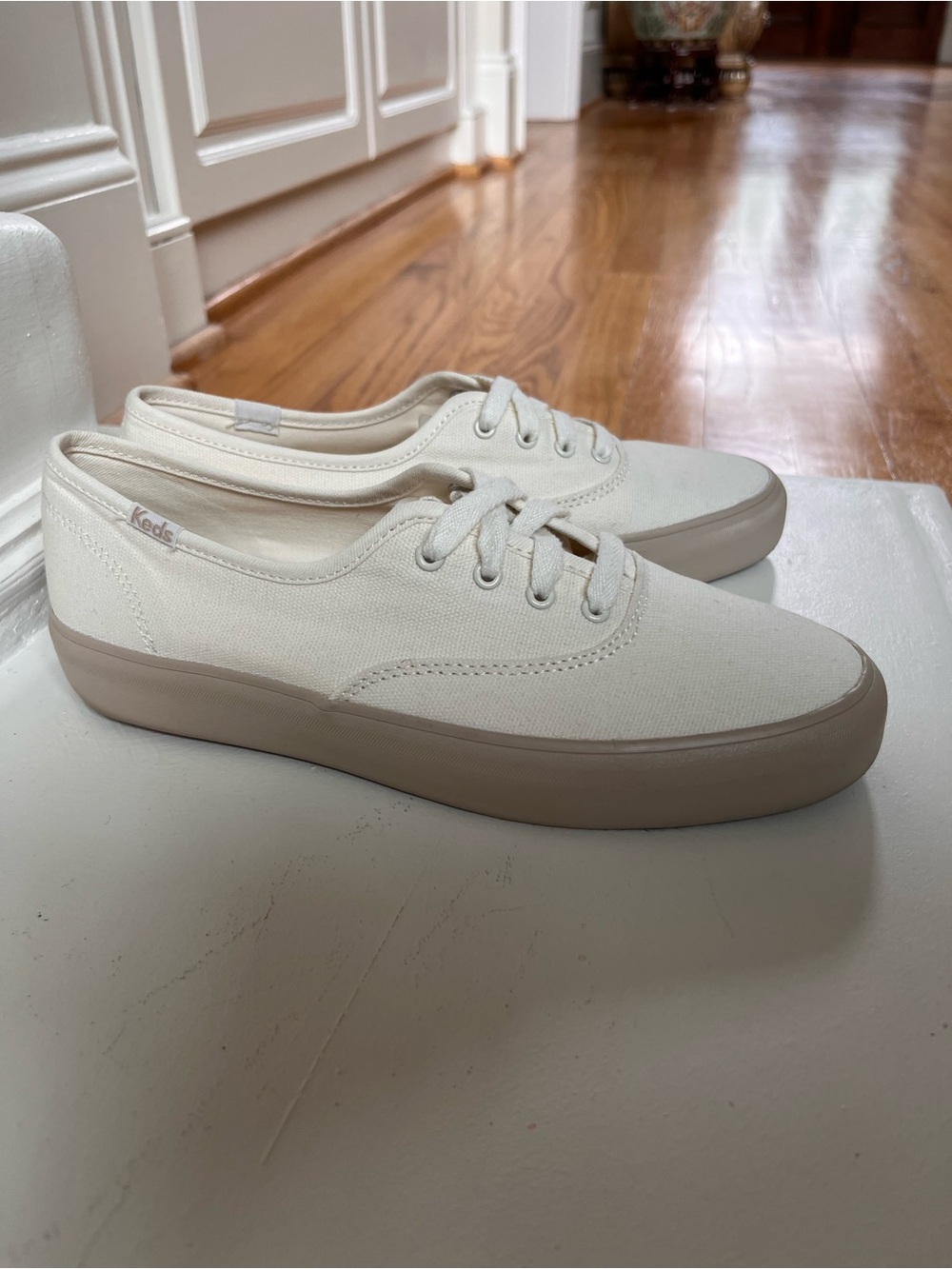 Keds Women's Off-White Canvas Low Profile Lace-Up Sneakers with Taupe Sole - Picture 3 of 7